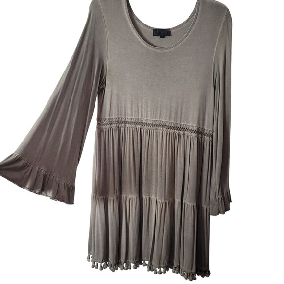 POL Olive Green Gray Boho Long Sleeve Tiered Dress With Pom Pom Trim Hem - Picture 5 of 12